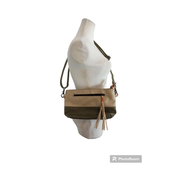 SHERPANI Paige Small Crossbody/Wristlet Bag Color Block Beige Green Canvas - Picture 2 of 10